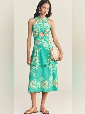 Farm Rio for Anthropologie Green Floral Cutout Midi Dress